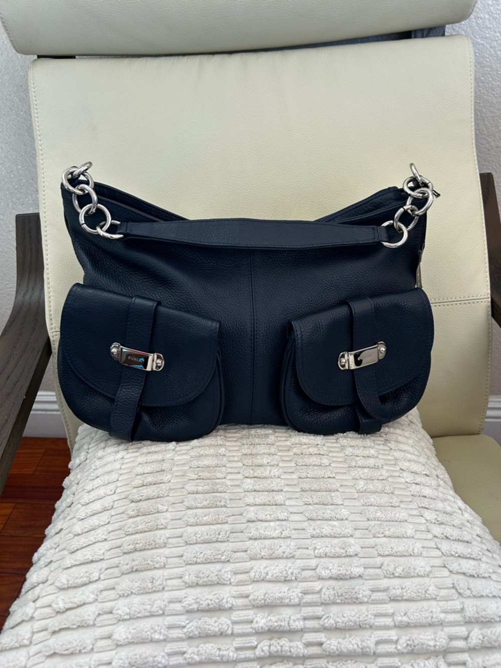 Furla Navy Leather Shoulder Bag with Dual Front Pockets